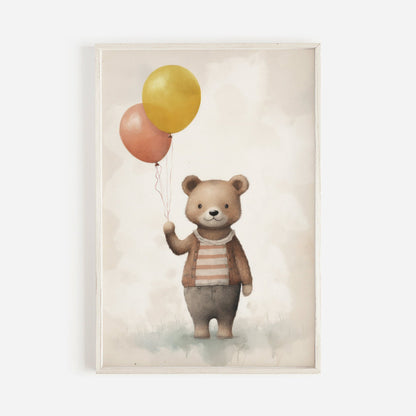 Bear with Balloons Print, Vintage Teddy Bear Nursery Decor, Animal Room Art - WildfieldPrints