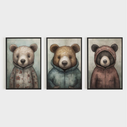 Bears Wearing Clothes, Woodland Nursery Wall Art, Vintage Room Decor - WildfieldPrints