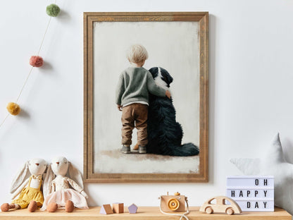 Bernese Mountain Dog Nursery Print, Boy & Dog Wall Art, Dog Room Decor - WildfieldPrints