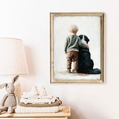 Bernese Mountain Dog Nursery Print, Boy & Dog Wall Art, Dog Room Decor - WildfieldPrints