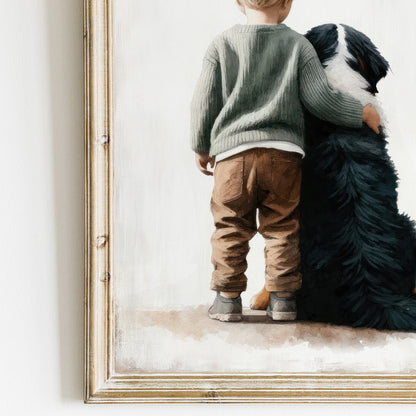Bernese Mountain Dog Nursery Print, Boy & Dog Wall Art, Dog Room Decor - WildfieldPrints