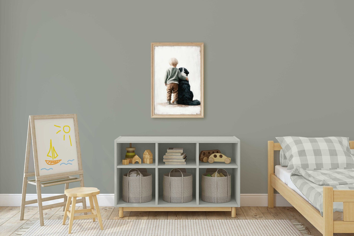 Bernese Mountain Dog Nursery Print, Boy & Dog Wall Art, Dog Room Decor - WildfieldPrints
