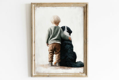 Bernese Mountain Dog Nursery Print, Boy & Dog Wall Art, Dog Room Decor - WildfieldPrints