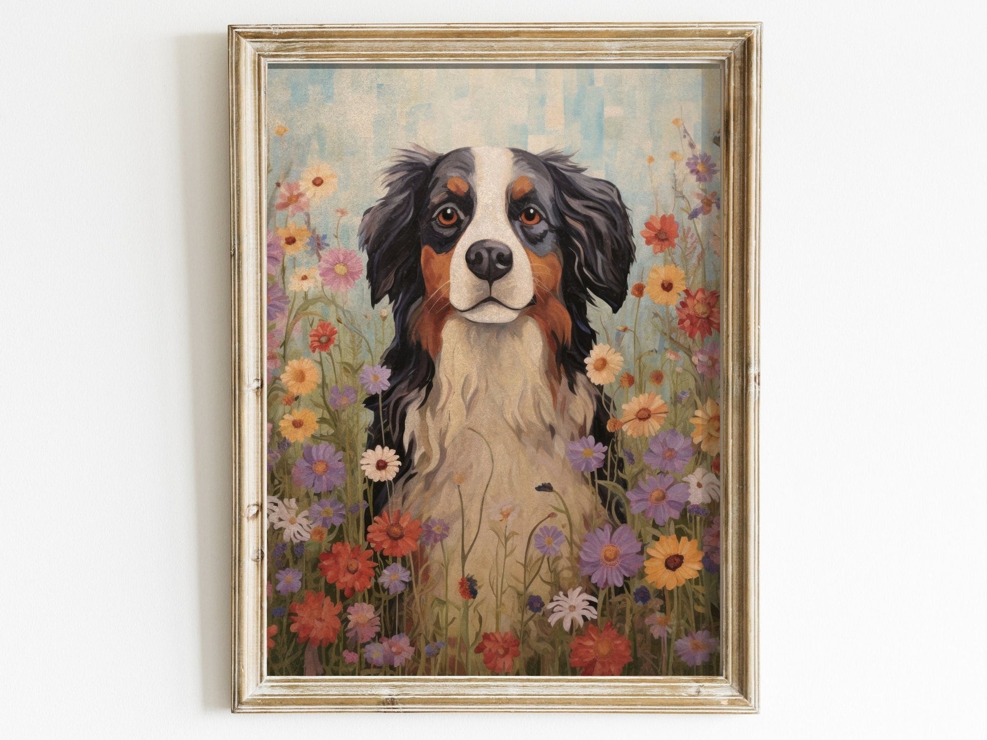 Bernese Mountain Dog Print, Vintage Dog Portrait, Flowers and Canines - WildfieldPrints