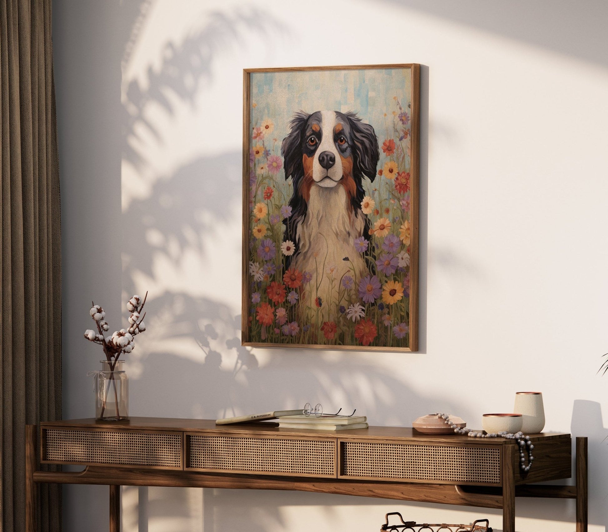 Bernese Mountain Dog Print, Vintage Dog Portrait, Flowers and Canines - WildfieldPrints