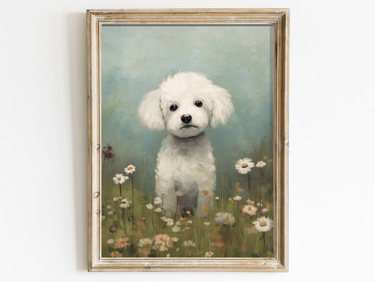 Bichon Frisé Wall Art, Vintage Dog Print, Floral Dog Decor - WildfieldPrints