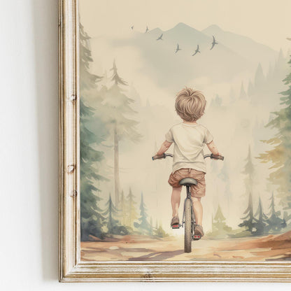 Biking Wall Art, Boy on Bicycle Decor, Adventure Forest Print - WildfieldPrints