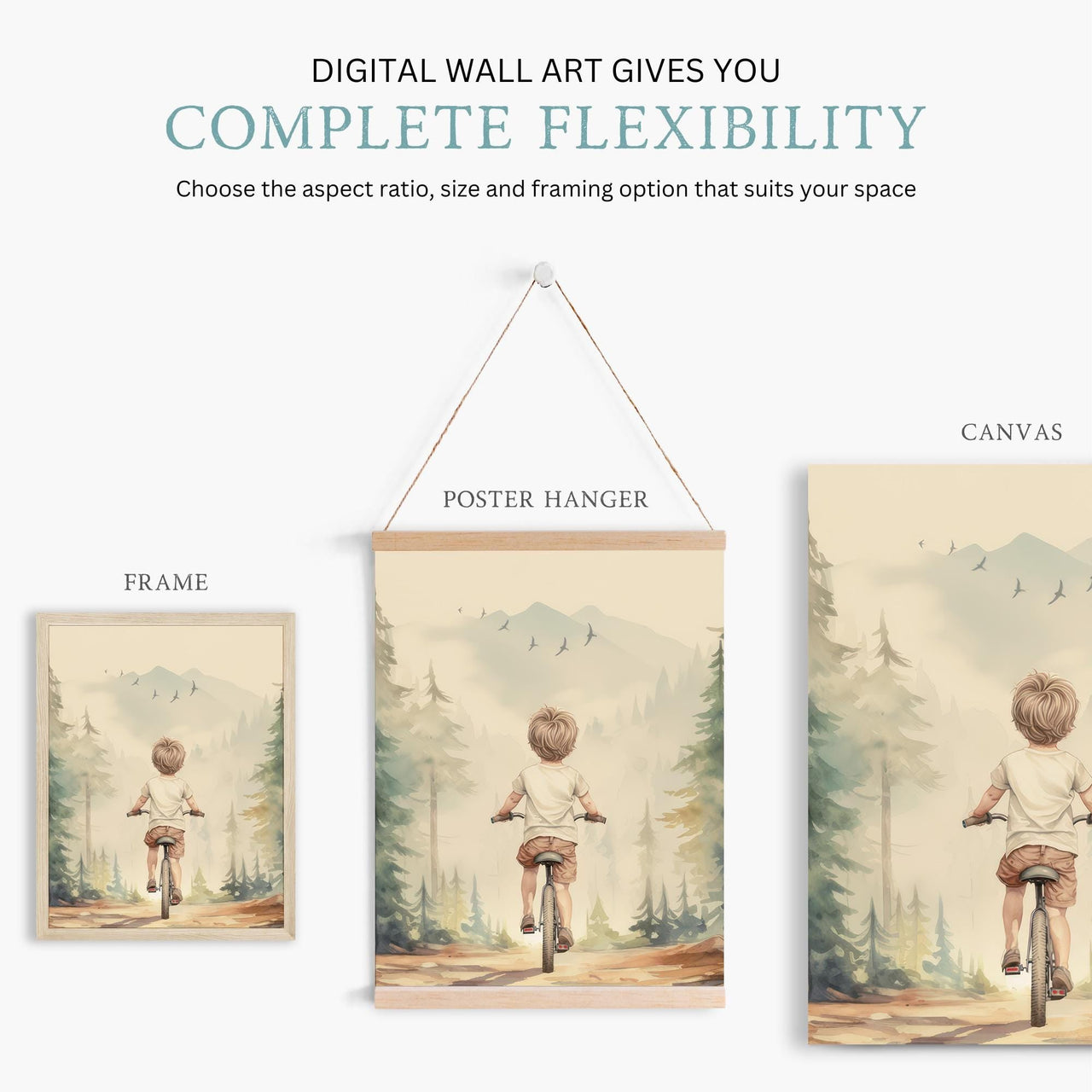 Boy on Bicycle Wall Art – Adventure Boys Room Print • Set of 3