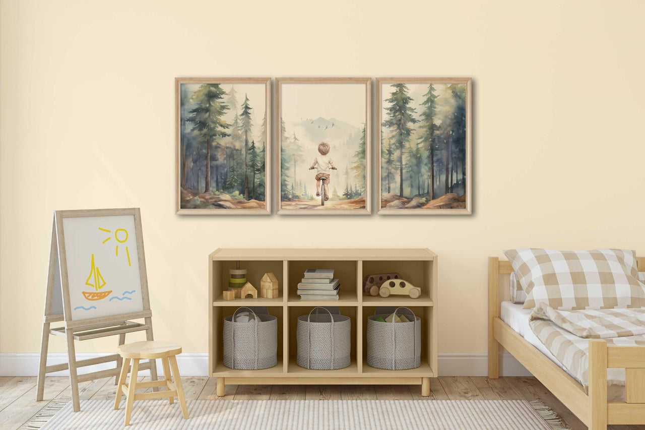 Boy on Bicycle Wall Art – Adventure Boys Room Print • Set of 3