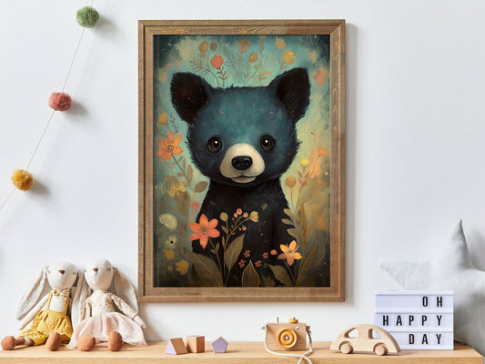 Black Bear Nursery Decor, Cute Baby Room Decor, Woodland Animal Art - WildfieldPrints