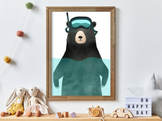 Black Bear Nursery Decor, Woodland Animal Print, Kids Room Wall Art - WildfieldPrints