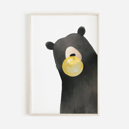 Black Bear Nursery Print, Bubblegum Animals Wall Decor, Minimalist Style - WildfieldPrints