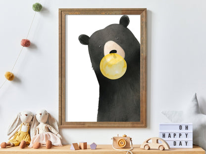Black Bear Nursery Print, Bubblegum Animals Wall Decor, Minimalist Style - WildfieldPrints