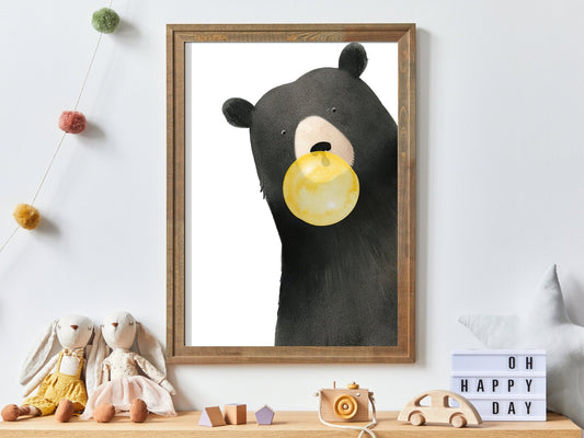 Black Bear Nursery Print, Bubblegum Animals Wall Decor, Minimalist Style - WildfieldPrints