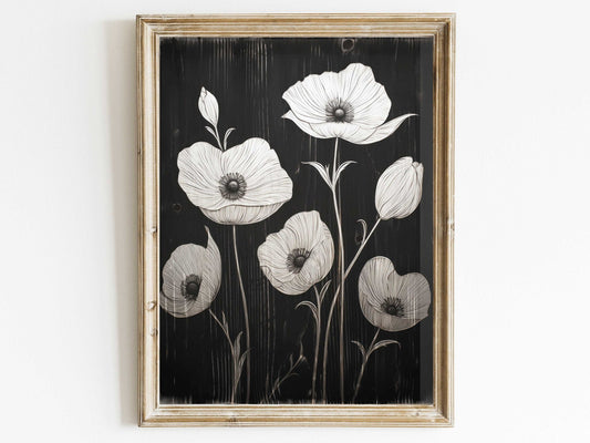 Black Botanical Wall Art – Floral Living Room Print