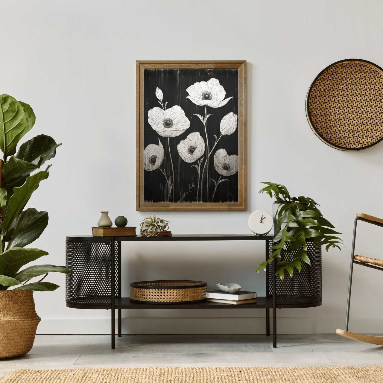 Black Botanical Wall Art – Floral Living Room Print