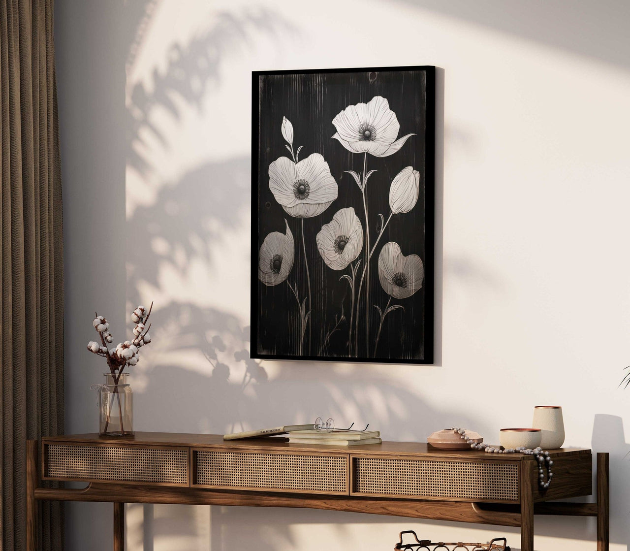 Black Botanical Wall Art – Floral Living Room Print