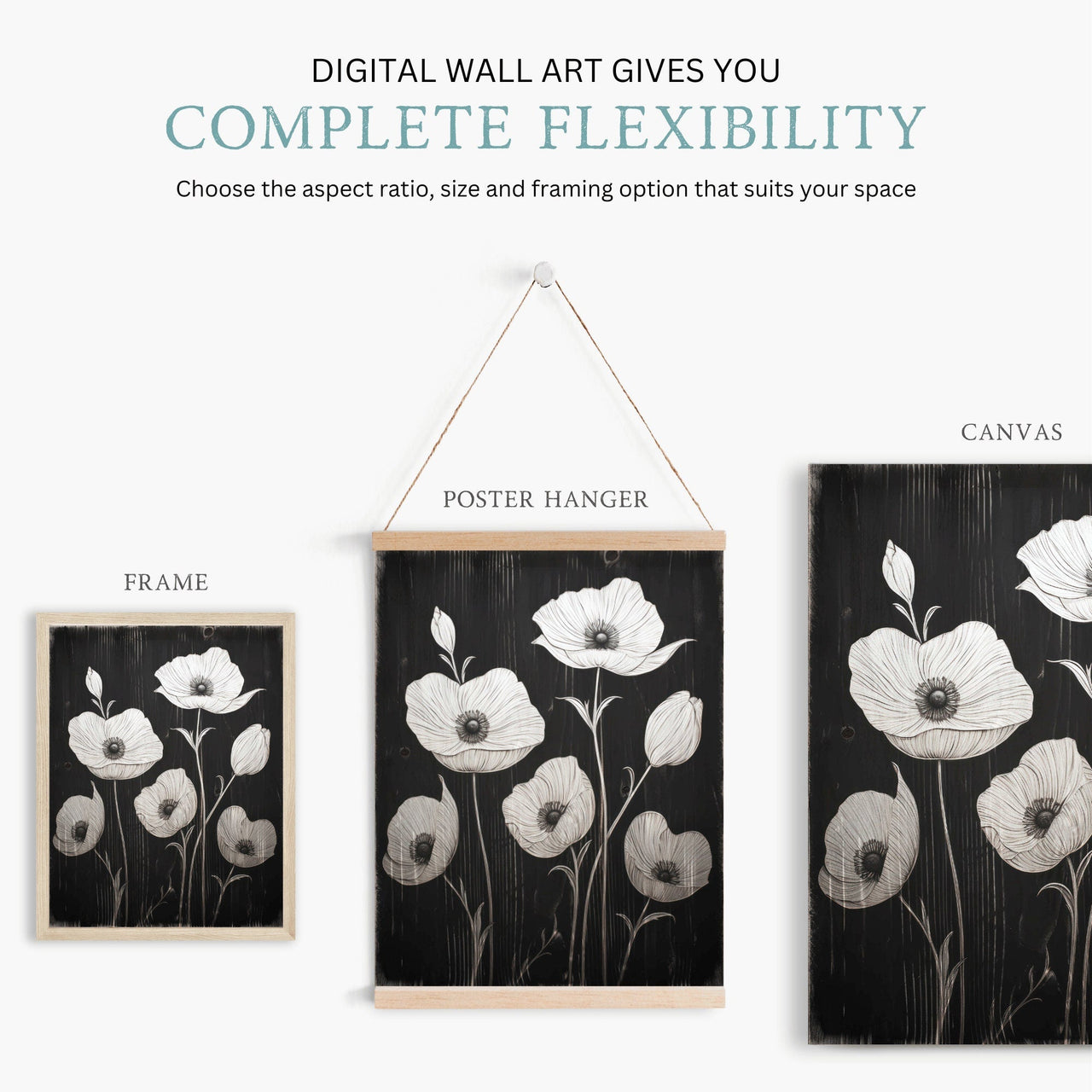 Black Botanical Wall Art – Floral Living Room Print
