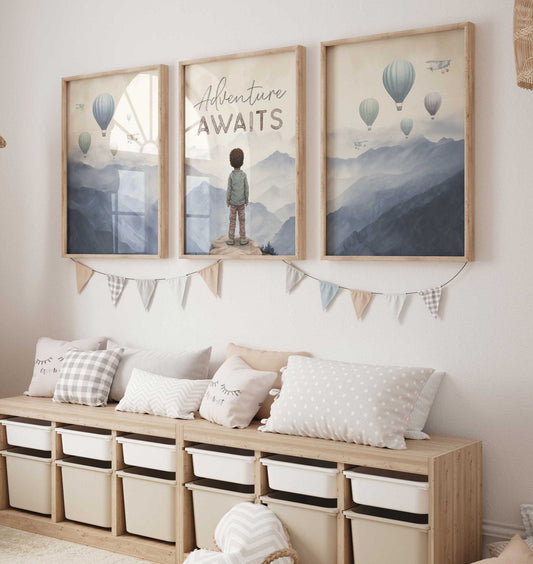 Black Boy Adventure Prints, Hot Air Balloons Decor for Kids - WildfieldPrints