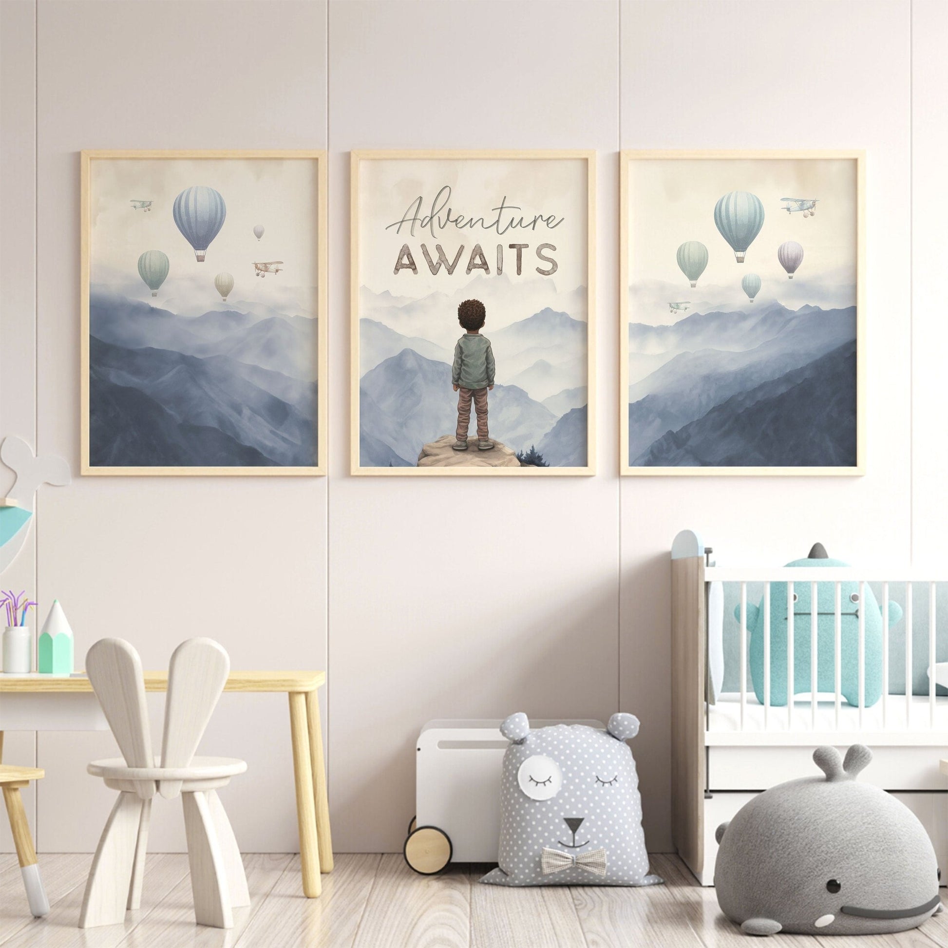 Black Boy Adventure Prints, Hot Air Balloons Decor for Kids - WildfieldPrints