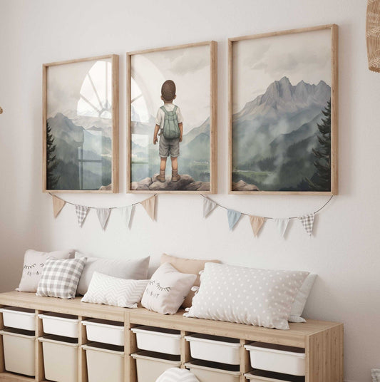 Black Boy Adventure Wall Art, Hot Air Balloon Decor, Kids Room Prints - WildfieldPrints
