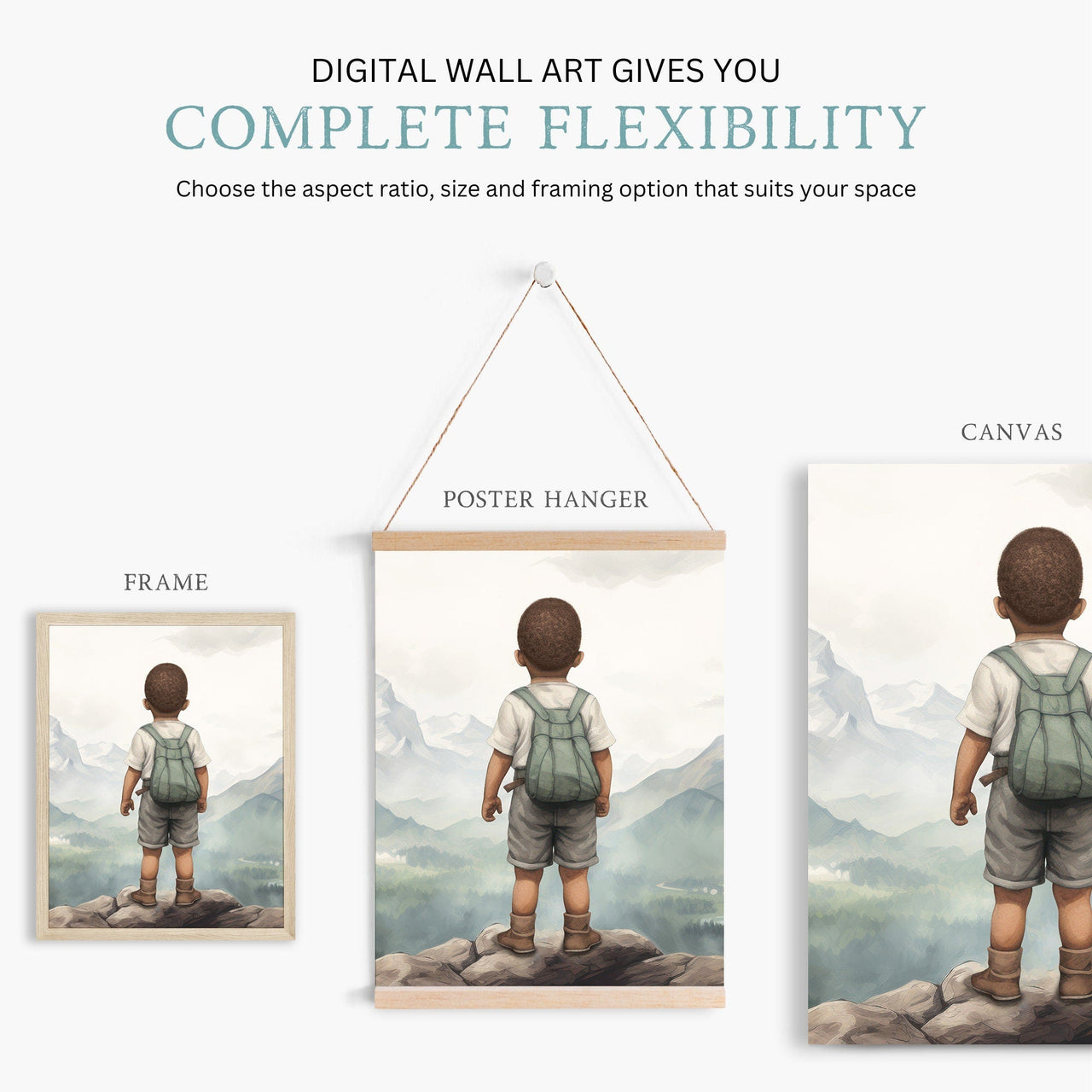 Black Boy Adventure Wall Art – Mountain Kids Room Print • Set of 3