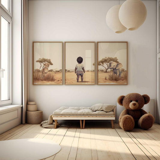 Black Boy Art, Safari Animal Nursery, African - American Boy Art, Elephant & Lion Nursery Art, Mixed Race Art, Set of 3, Printable Safari Art - My Store