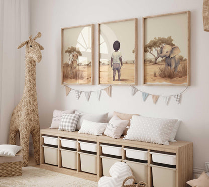 Black Boy Art, Safari Animal Nursery, African - American Boy Art, Elephant & Lion Nursery Art, Mixed Race Art, Set of 3, Printable Safari Art - My Store