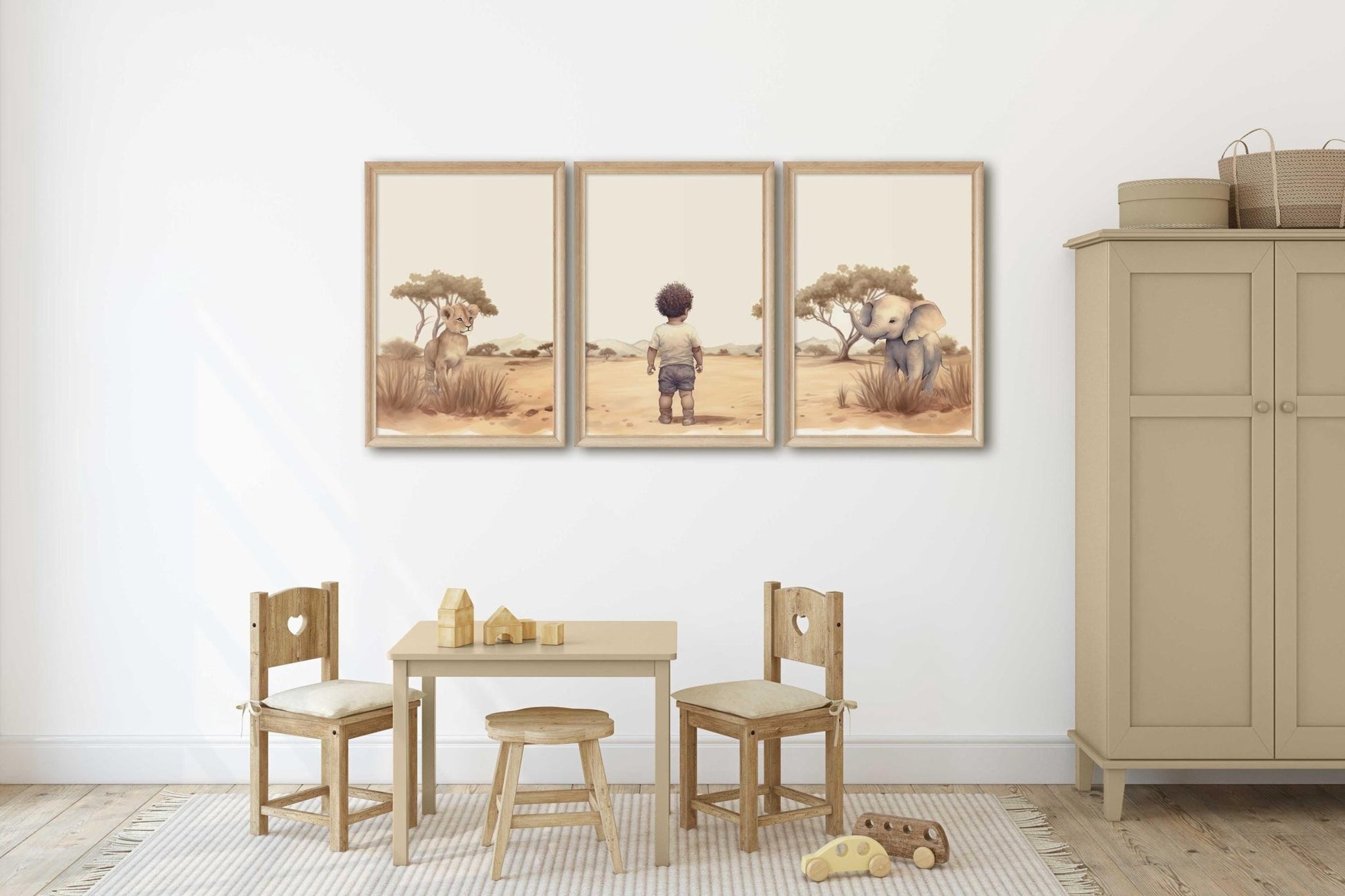 Black Boy Art, Safari Animal Nursery Decor, Elephant & Lion Wall Art - WildfieldPrints