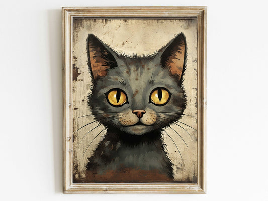 Black Cat Art Print, Whimsical Kitten Decor, Vintage Animal Illustration - WildfieldPrints
