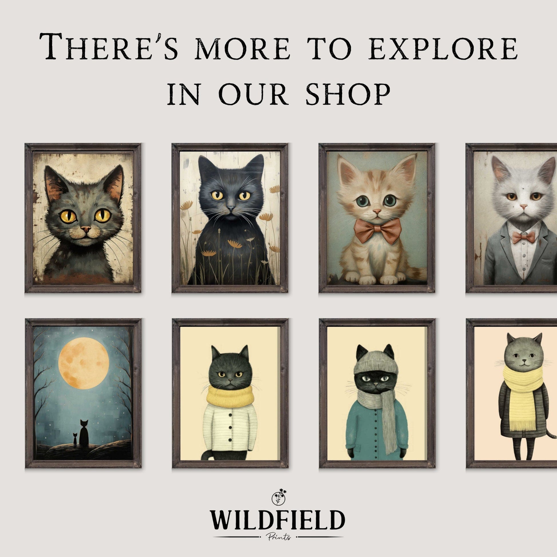 Black Cat Art Print, Whimsical Kitten Wall Decor, Vintage Animal Artwork - WildfieldPrints