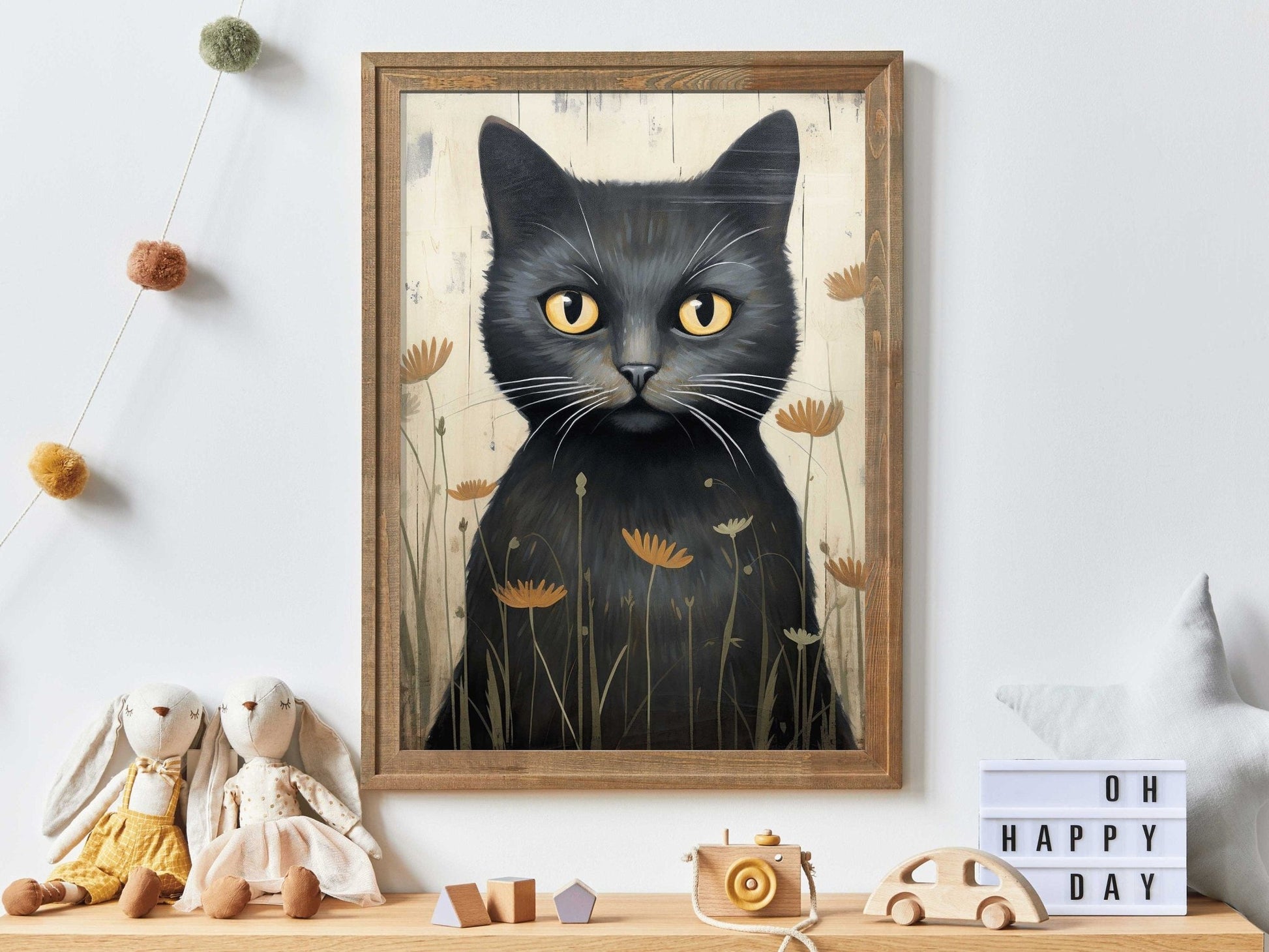 Black Cat Art Print, Whimsical Kitten Wall Decor, Vintage Animal Artwork - WildfieldPrints
