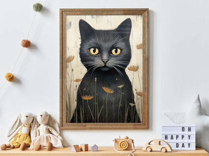Black Cat Art Print, Whimsical Kitten Wall Decor, Vintage Animal Artwork - WildfieldPrints