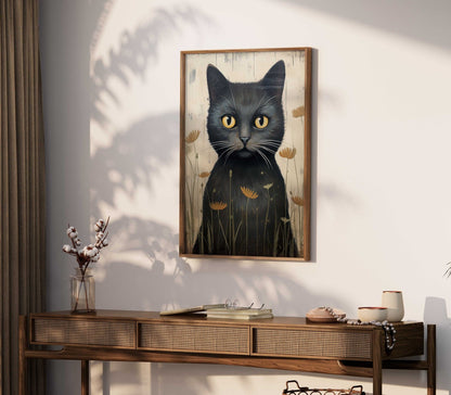 Black Cat Art Print, Whimsical Kitten Wall Decor, Vintage Animal Artwork - WildfieldPrints