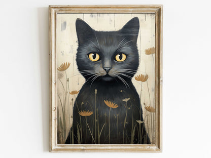 Black Cat Art Print, Whimsical Kitten Wall Decor, Vintage Animal Artwork - WildfieldPrints