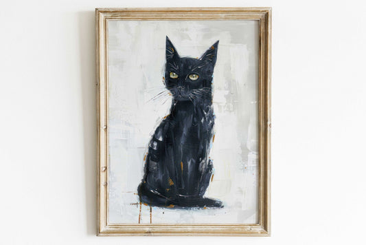 Black Cat Wall Art, Abstract Kitten Print, Vintage Animal Decor - WildfieldPrints