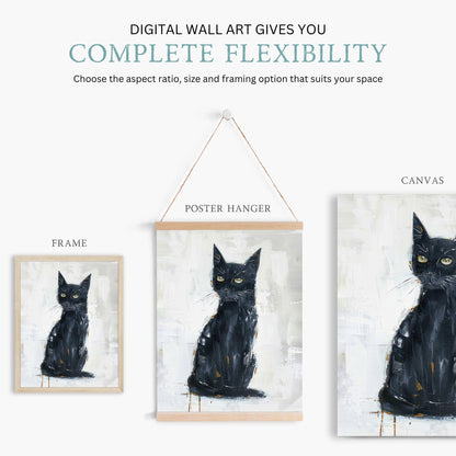 Black Cat Wall Art, Abstract Kitten Print, Vintage Animal Decor - WildfieldPrints