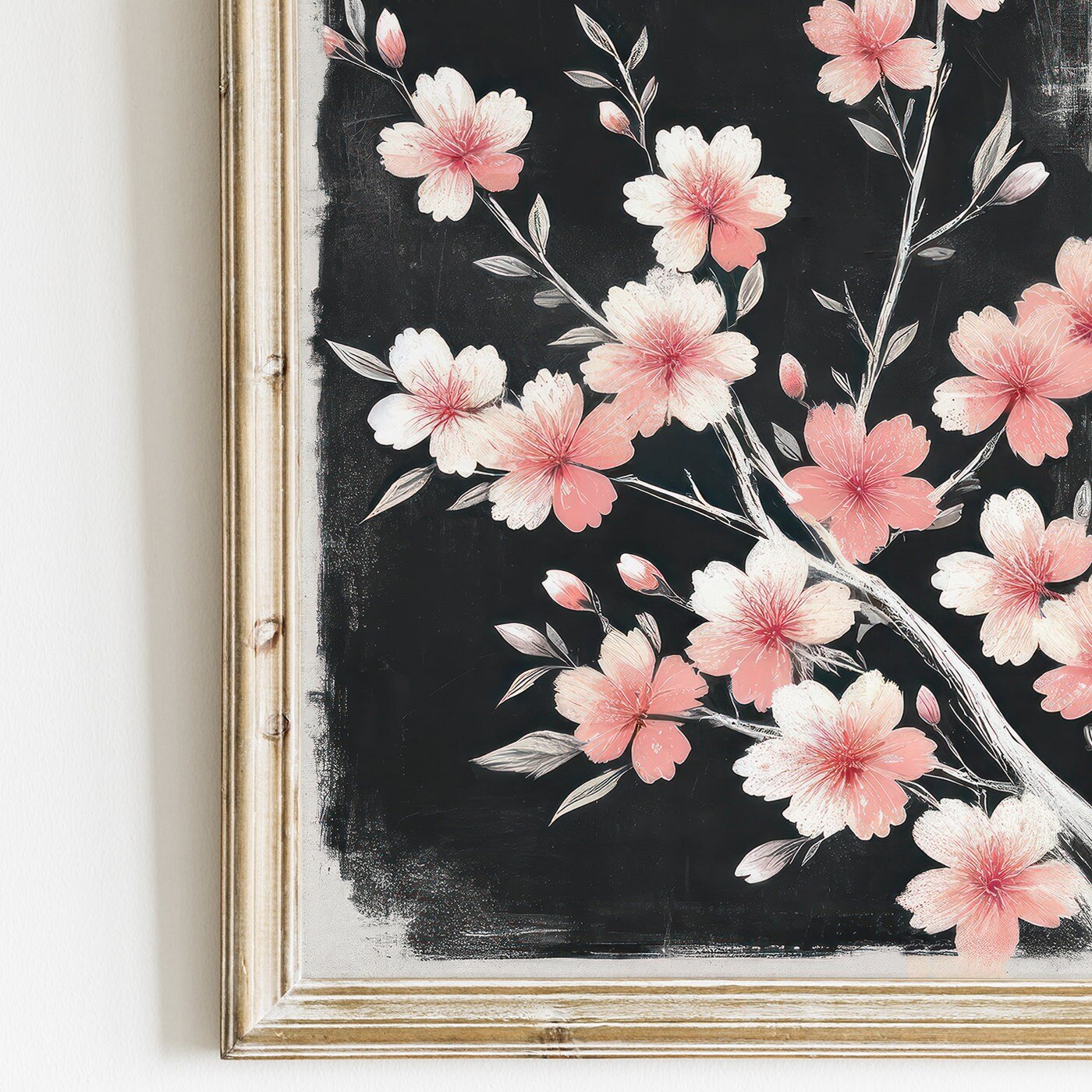 Black Floral Art, Cherry Tree Branch Print, Pink Flower Decor - WildfieldPrints