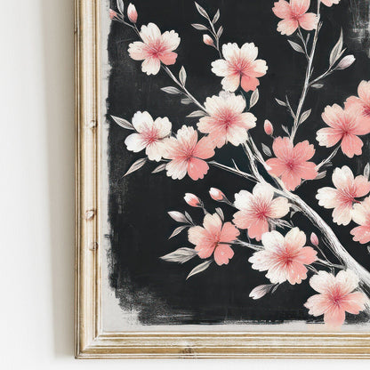 Black Floral Art, Cherry Tree Branch Print, Pink Flower Decor - WildfieldPrints