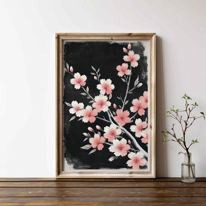 Black Floral Art, Cherry Tree Branch Print, Pink Flower Decor - WildfieldPrints