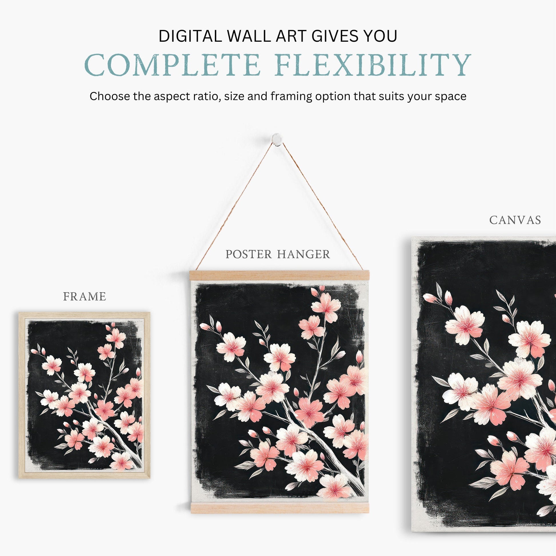Black Floral Art, Cherry Tree Branch Print, Pink Flower Decor - WildfieldPrints