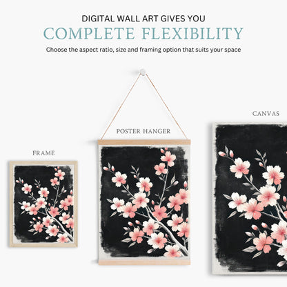 Black Floral Art, Cherry Tree Branch Print, Pink Flower Decor - WildfieldPrints