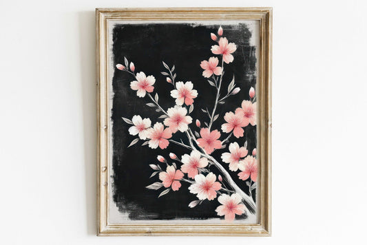 Black Floral Art, Cherry Tree Branch Print, Pink Flower Decor - WildfieldPrints