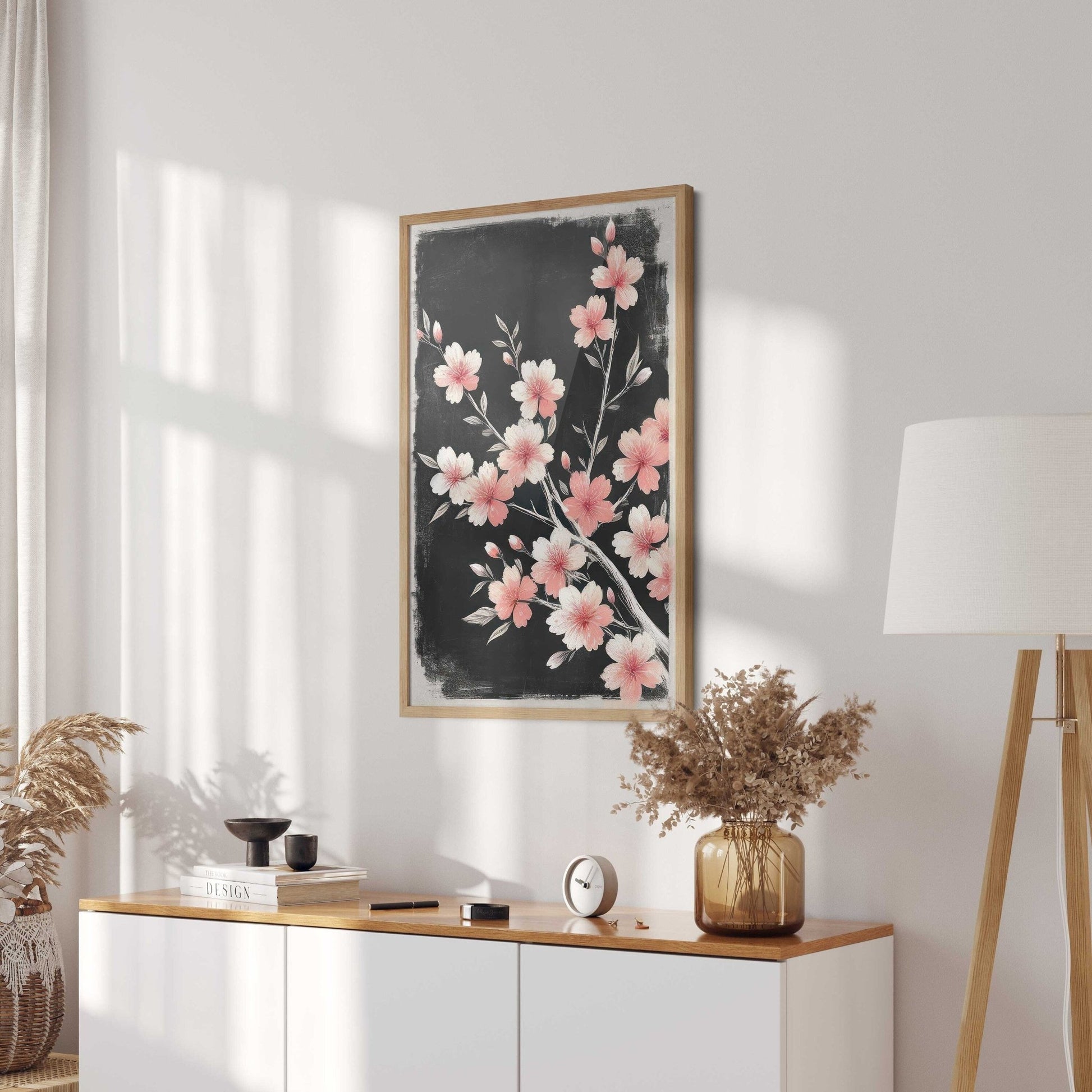 Black Floral Art, Cherry Tree Branch Print, Pink Flower Decor - WildfieldPrints