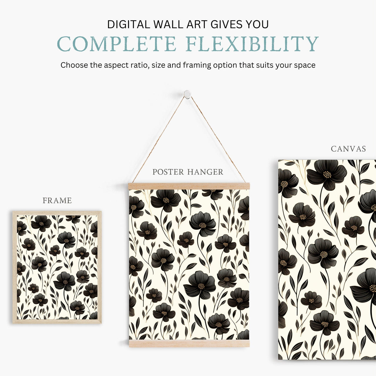 Black Floral Wall Art – Farmhouse Living Room Print