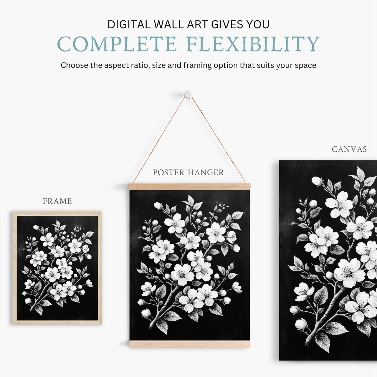 Black Floral Wall Art – Farmhouse Living Room Print