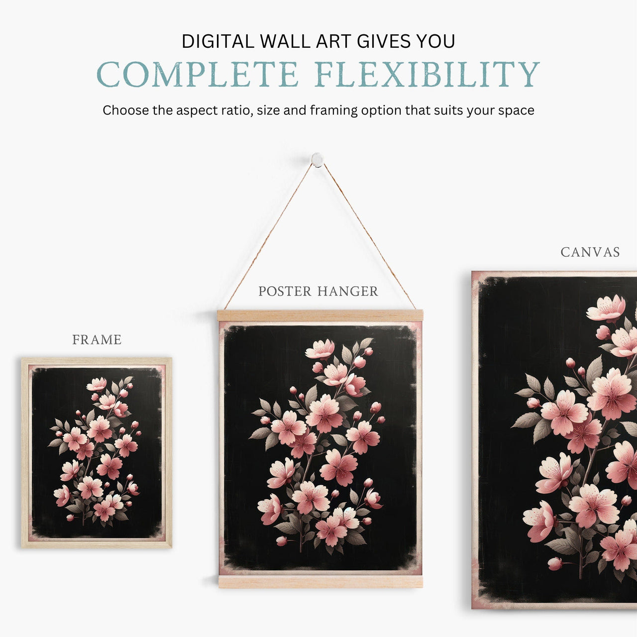 Black Floral Wall Art – Farmhouse Living Room Print