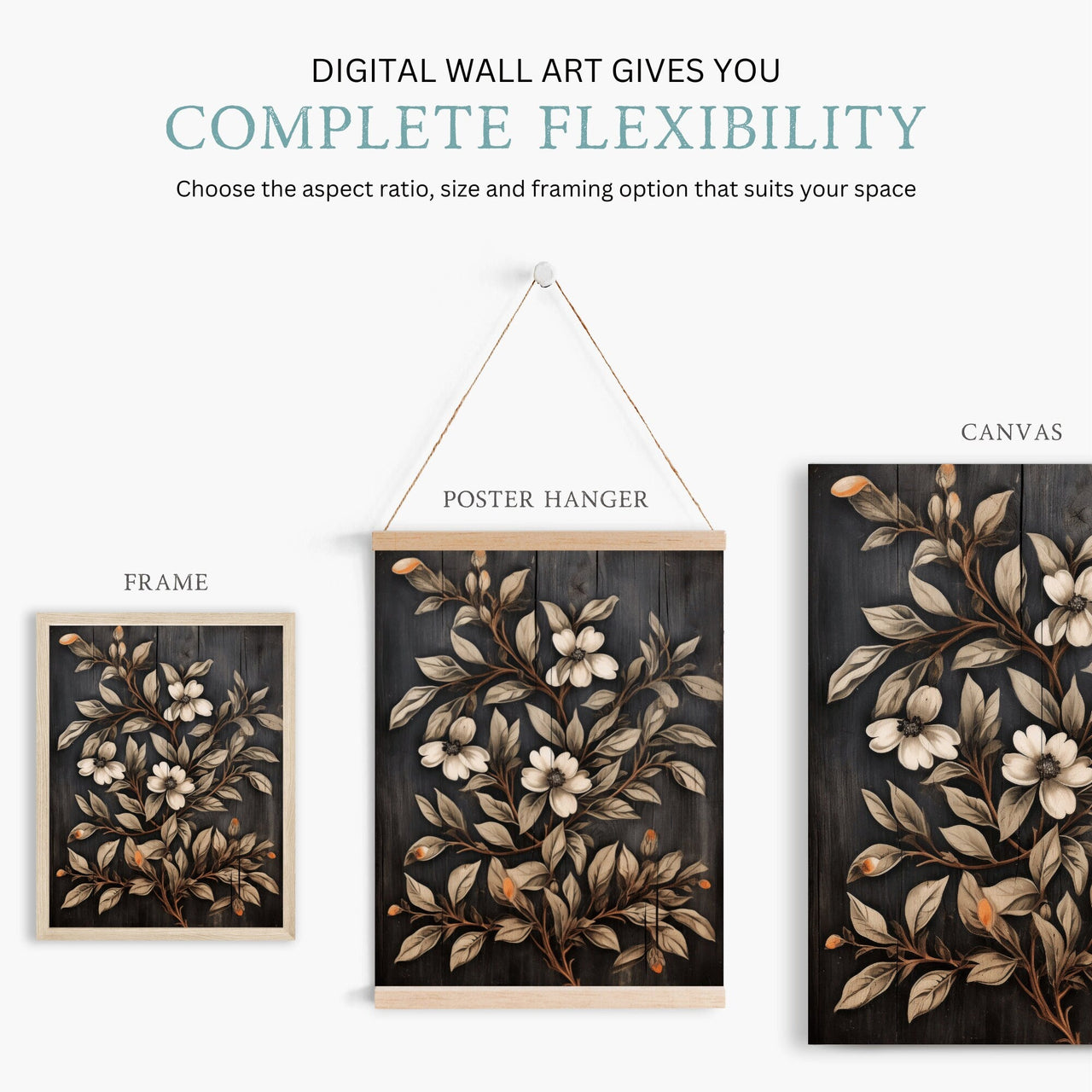 Black Floral Wall Art – Botanical Living Room Print