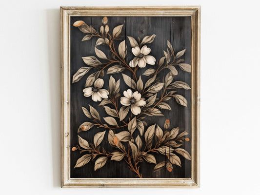 Black Floral Print, Rustic Wall Decor, Vintage Flower Art - WildfieldPrints