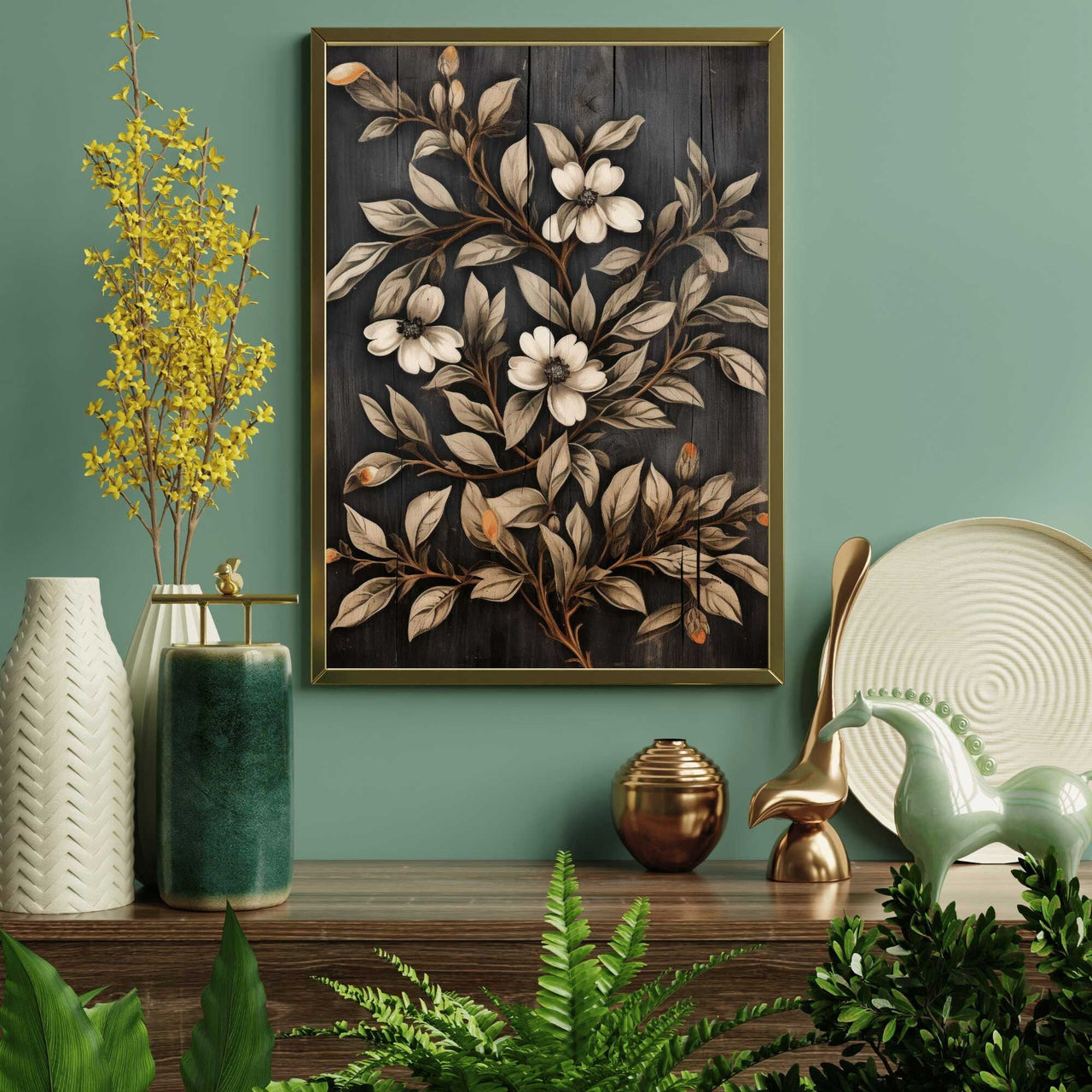 Black Floral Wall Art – Botanical Living Room Print